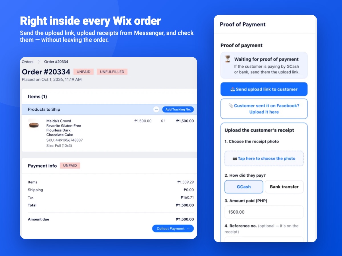 Z Proof of Payment panel inside a Wix order: send the upload link, or upload a receipt the customer sent on Facebook